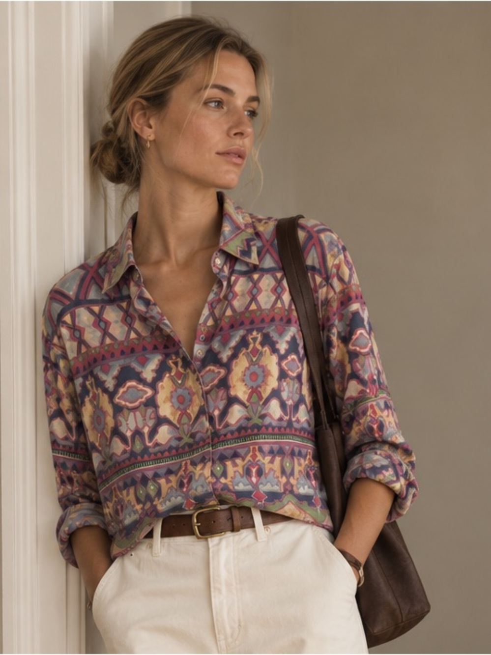 Lemon Grass Southwestern Geometric Rayon Shirt Ralph Lauren Vibe S